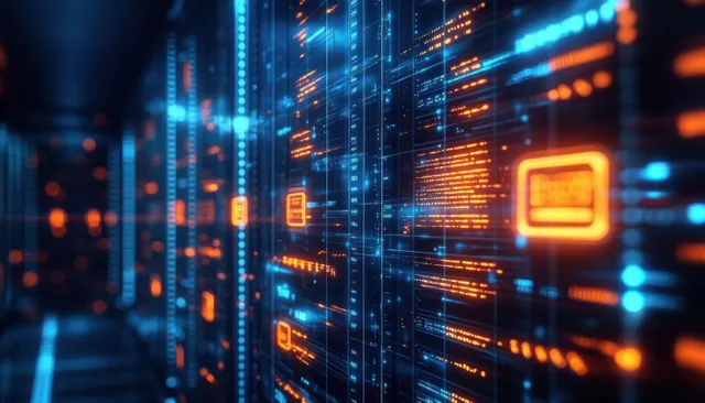 Glowing server racks with flowing code lines and dashboard-style data lights in a dark data center.