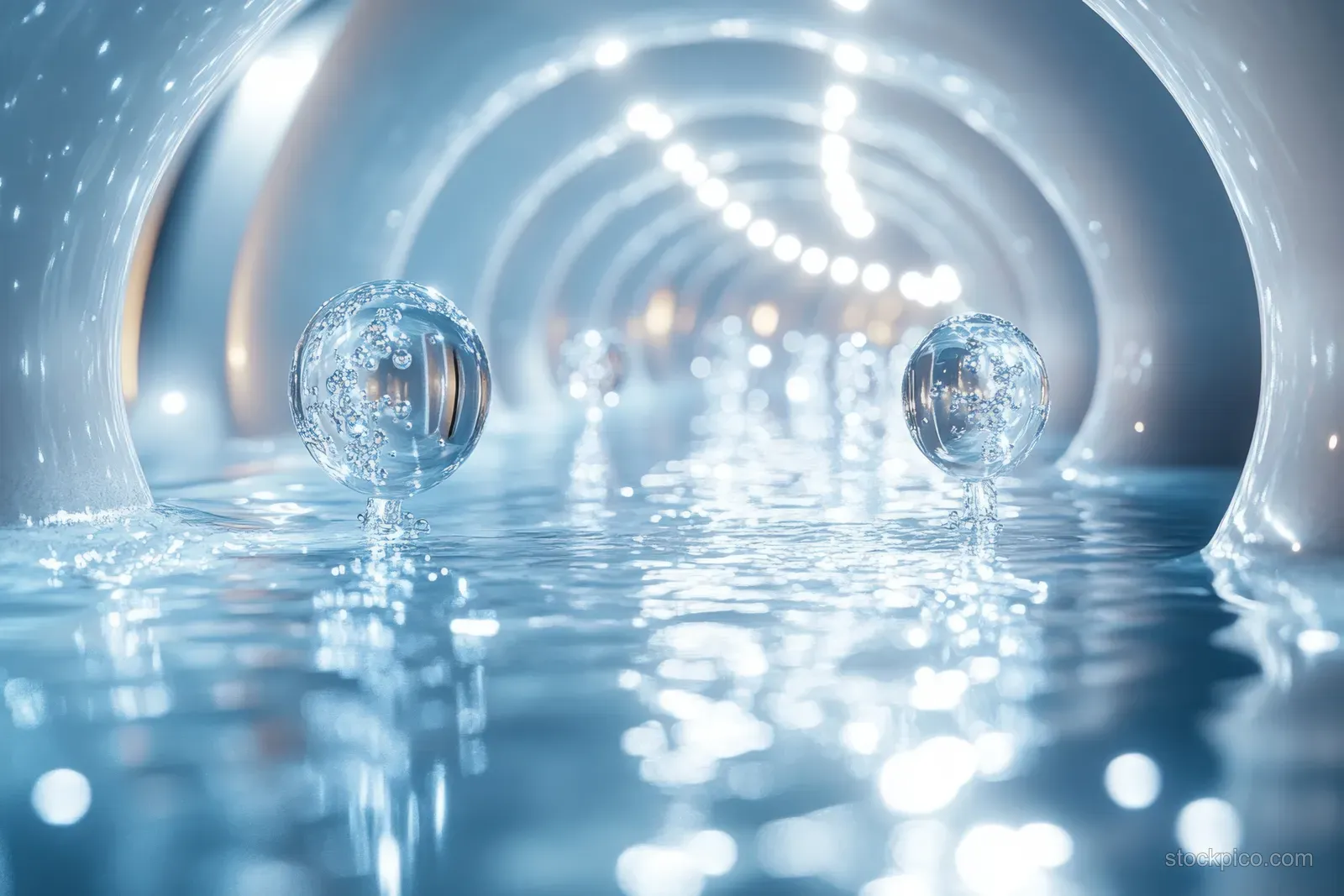 Two glowing serum droplets float above rippling water inside a blue light tunnel.