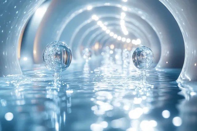 Futuristic skincare serum drops floating in a glowing blue water tunnel