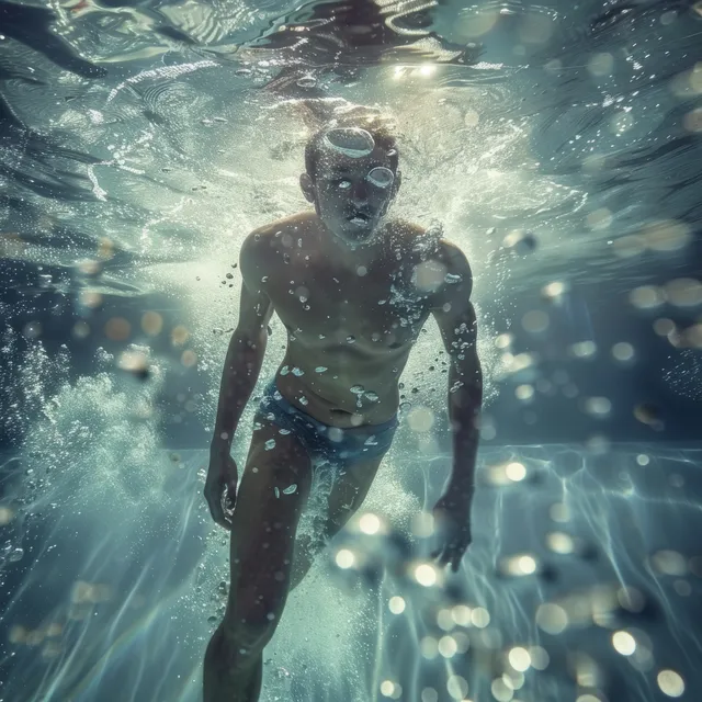An underwater swimmer in breaststroke position glides forward through clear water with bubbles and soft light.