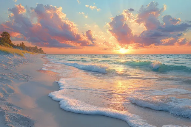 Pastel sunset over a tropical beach with calm waves lapping the shoreline and sun on the horizon.