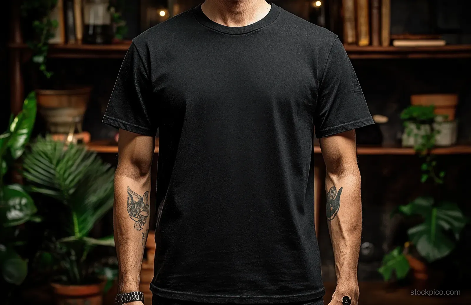 A man wearing a plain black T-shirt indoors with warm light and visible tattooed arms.