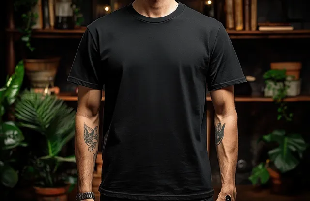 A man wearing a plain black T-shirt indoors with warm light and visible tattooed arms.