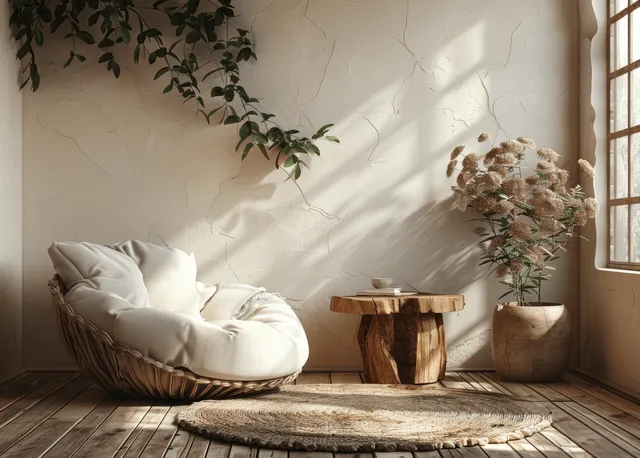 A cushioned armchair sits in a minimalist reading nook beside a tree stump table against beige plaster walls.