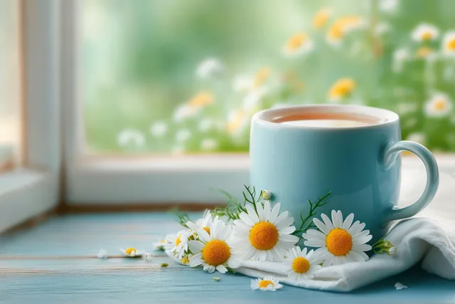 Blue ceramic mug of tea on a windowsill beside white daisies with yellow centers in natural light.