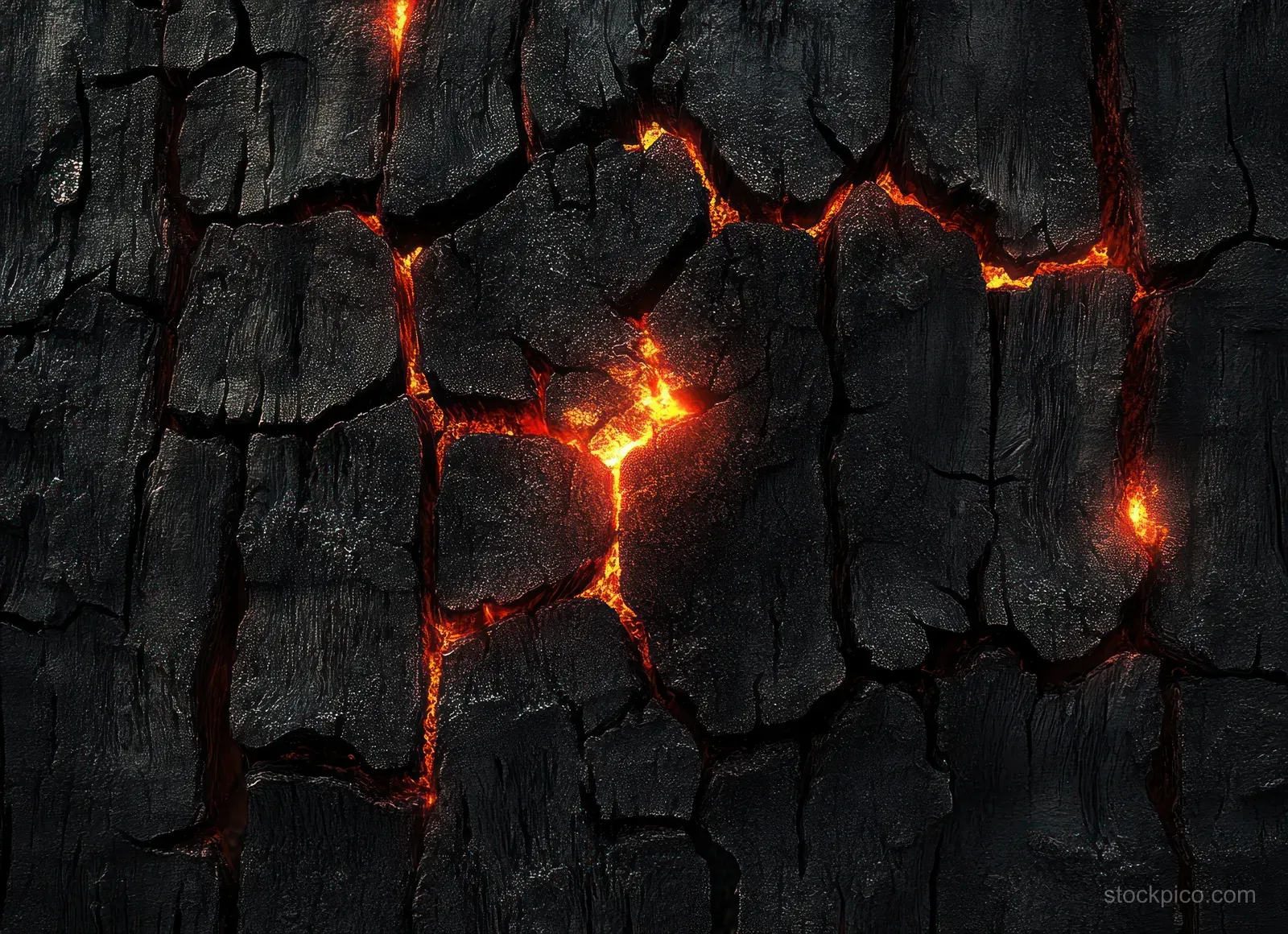Close-up of cracked charred wood with glowing red-orange embers shining through the fractures.