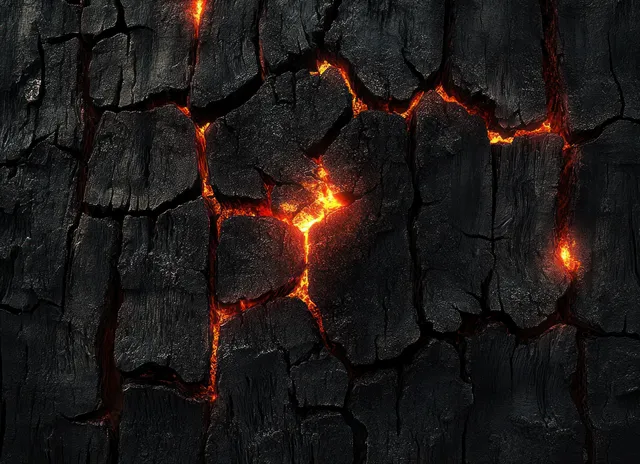 Close-up of cracked charred wood with glowing red-orange embers shining through the fractures.