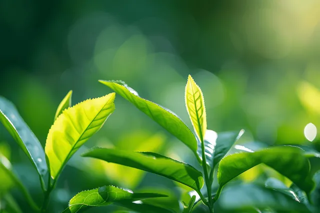 Fresh green tea shoots in a sunlit garden with soft bokeh background