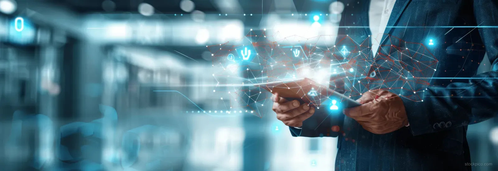 Businessman holding an AI tablet in an office with glowing holographic network icons overhead.