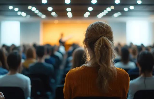 An audience member seated in a conference hall faces a stage speaker under warm spotlights.