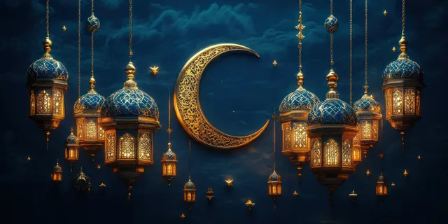 Glowing ornate hanging lanterns with blue domes surround a golden crescent moon against a dark blue night sky.