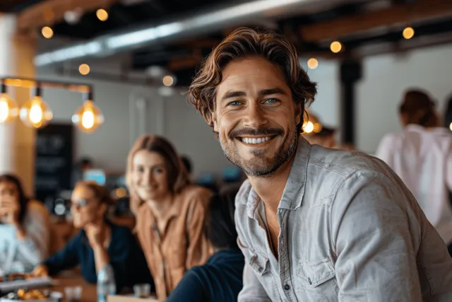 A smiling man enjoys a cozy coffee shop atmosphere filled with people in a warm and cheerful social gathering.