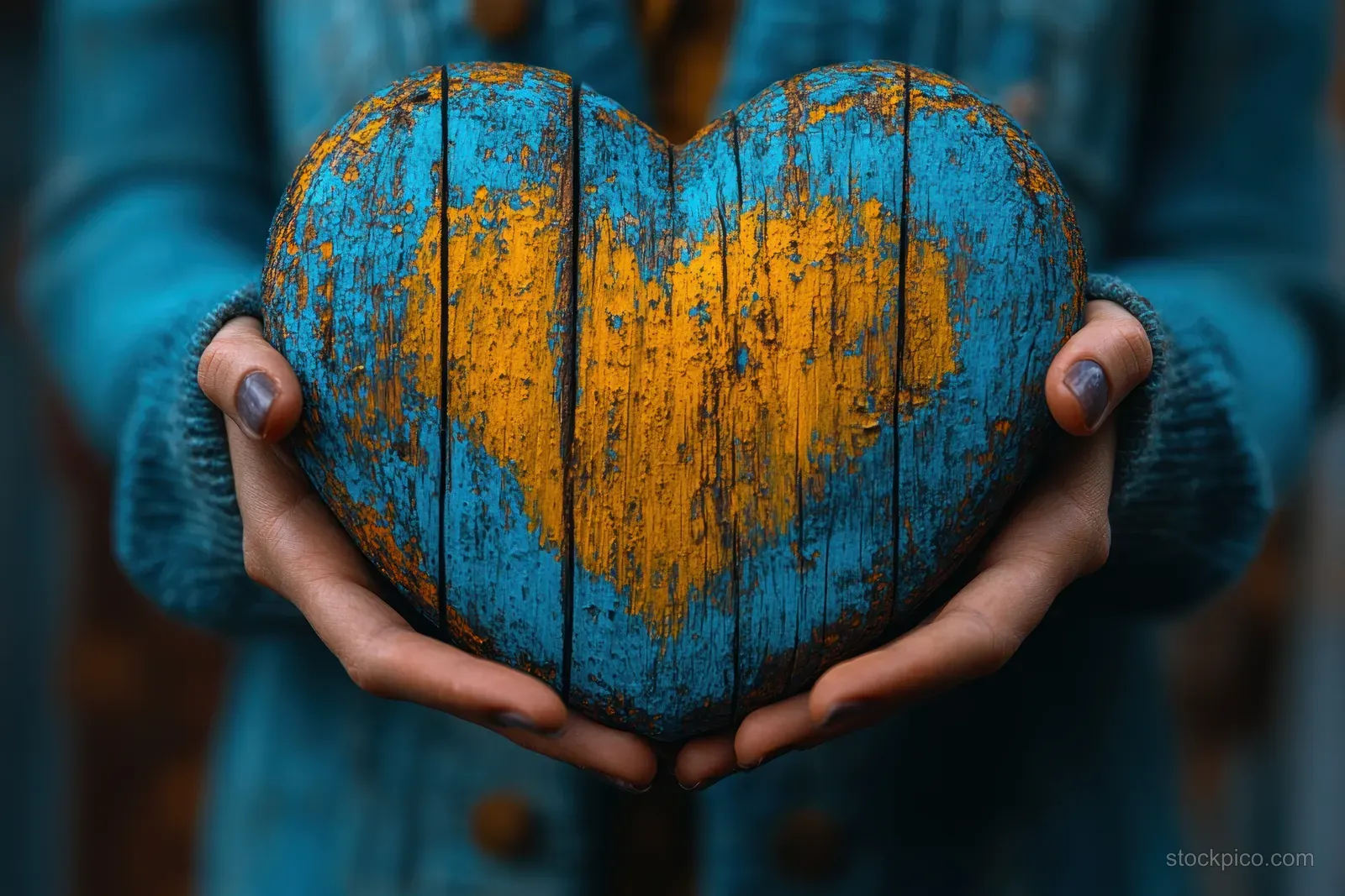 Hands hold a blue-and-yellow wooden heart with visible wood texture and wear.