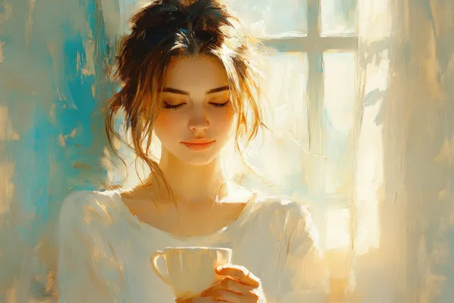 Una mujer sonriente en invierno sostiene una taza humeante, con la luz del sol brillando a través de una ventana cercana.