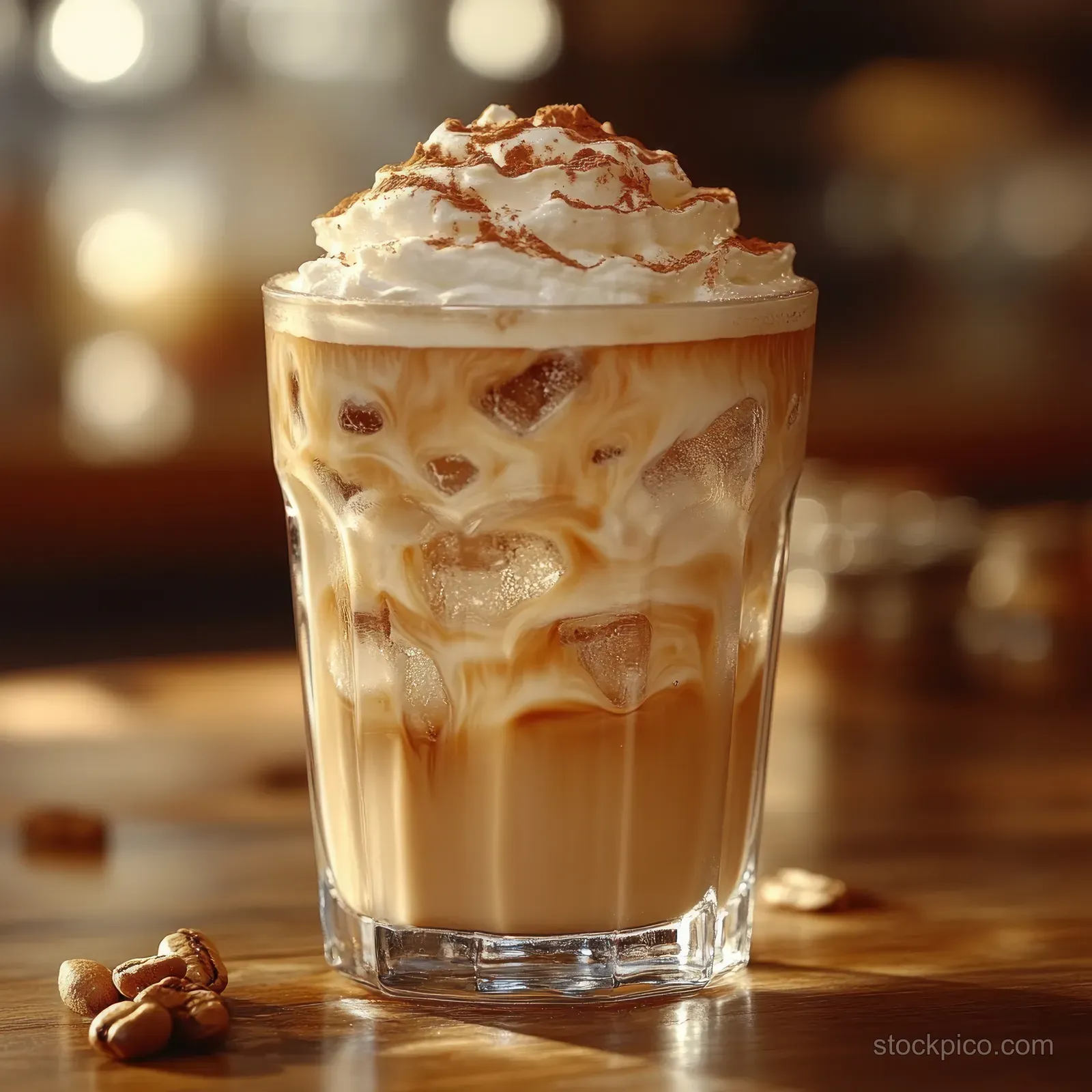 Close-up of an iced coffee in a clear glass with creamy swirl and visible ice cubes on a wooden table.
