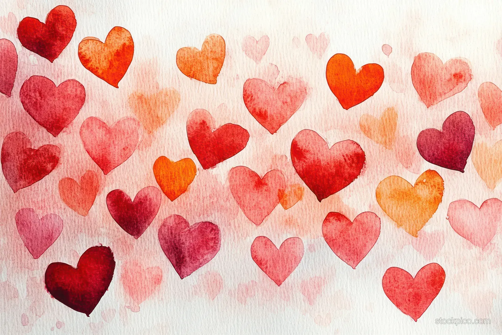 Multiple watercolor hearts in red, pink, orange, and burgundy overlap on textured white paper.