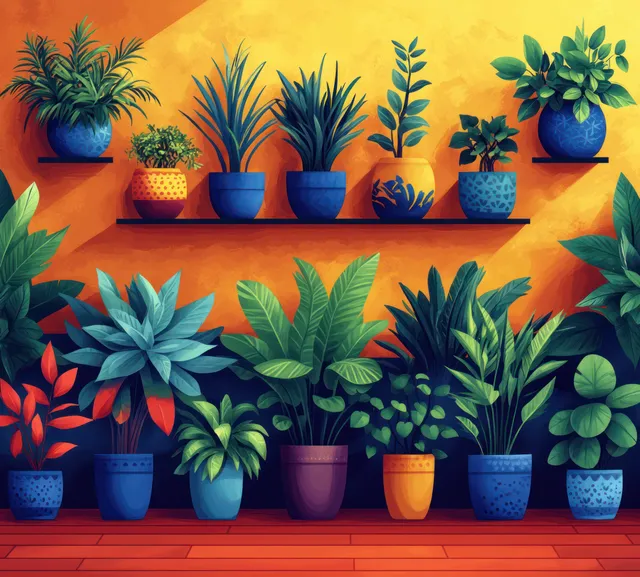 Colorful Flat Illustration Set of Indoor Flower Pots, Vases, and Greenery
