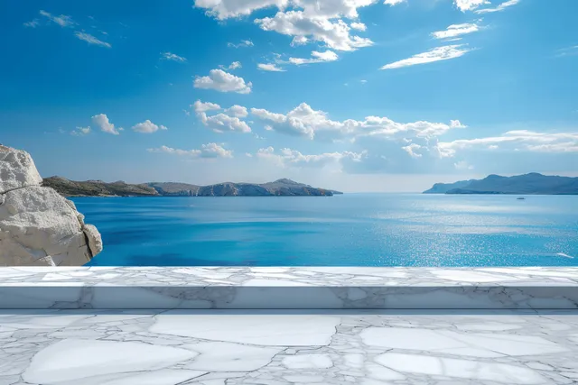 White Marble Table Overlooking Calm Blue Sea and Sunny Sky