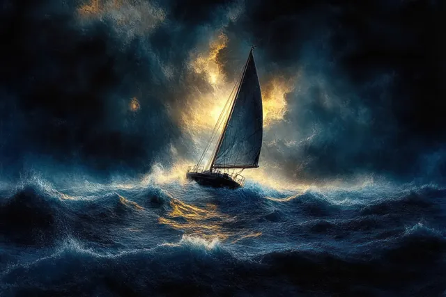 Sailboat cuts through stormy ocean waves beneath glowing golden clouds