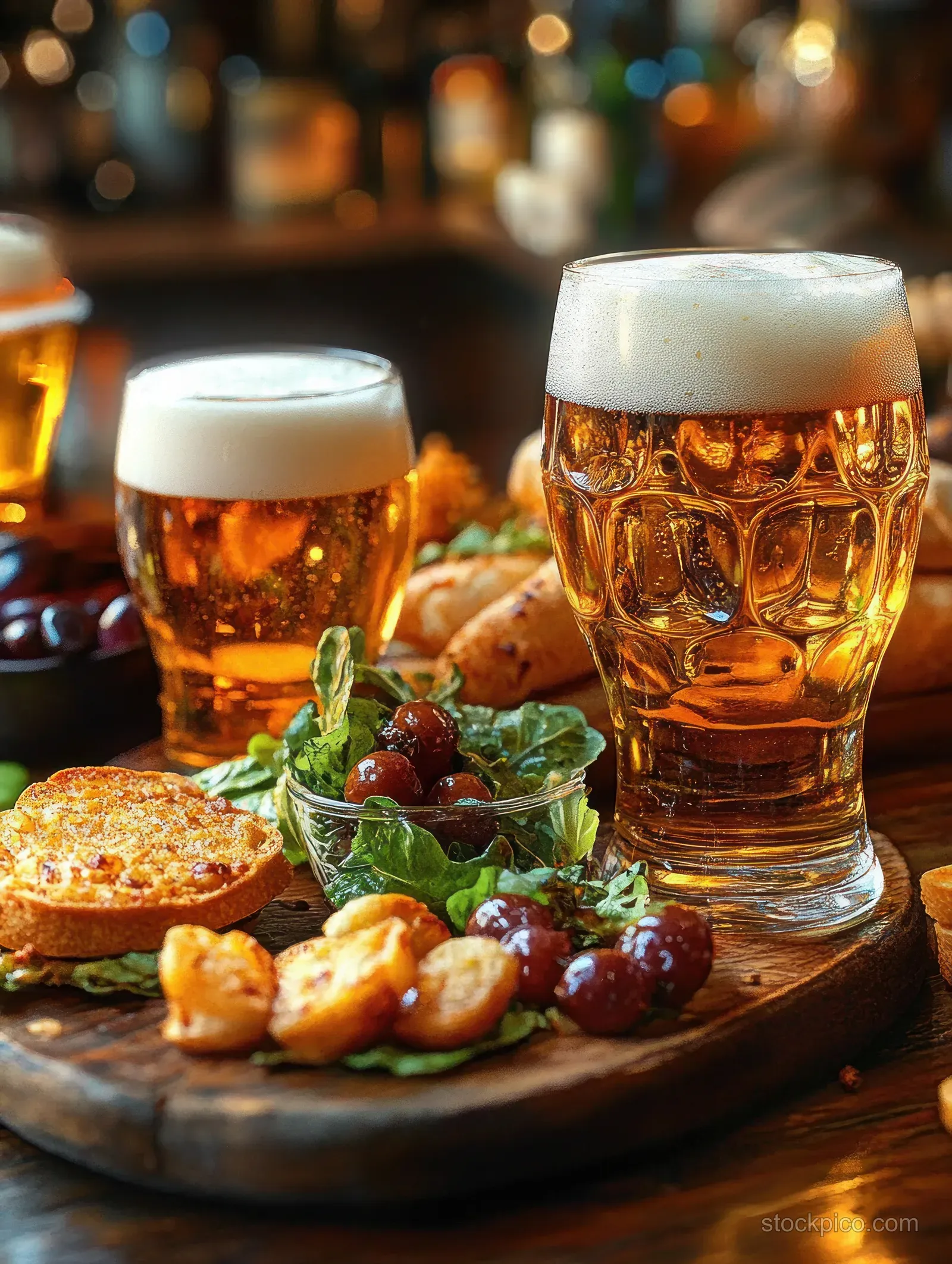 Foamy beer glasses and a wooden platter of bar snacks with greens and grapes on a warm lit table.