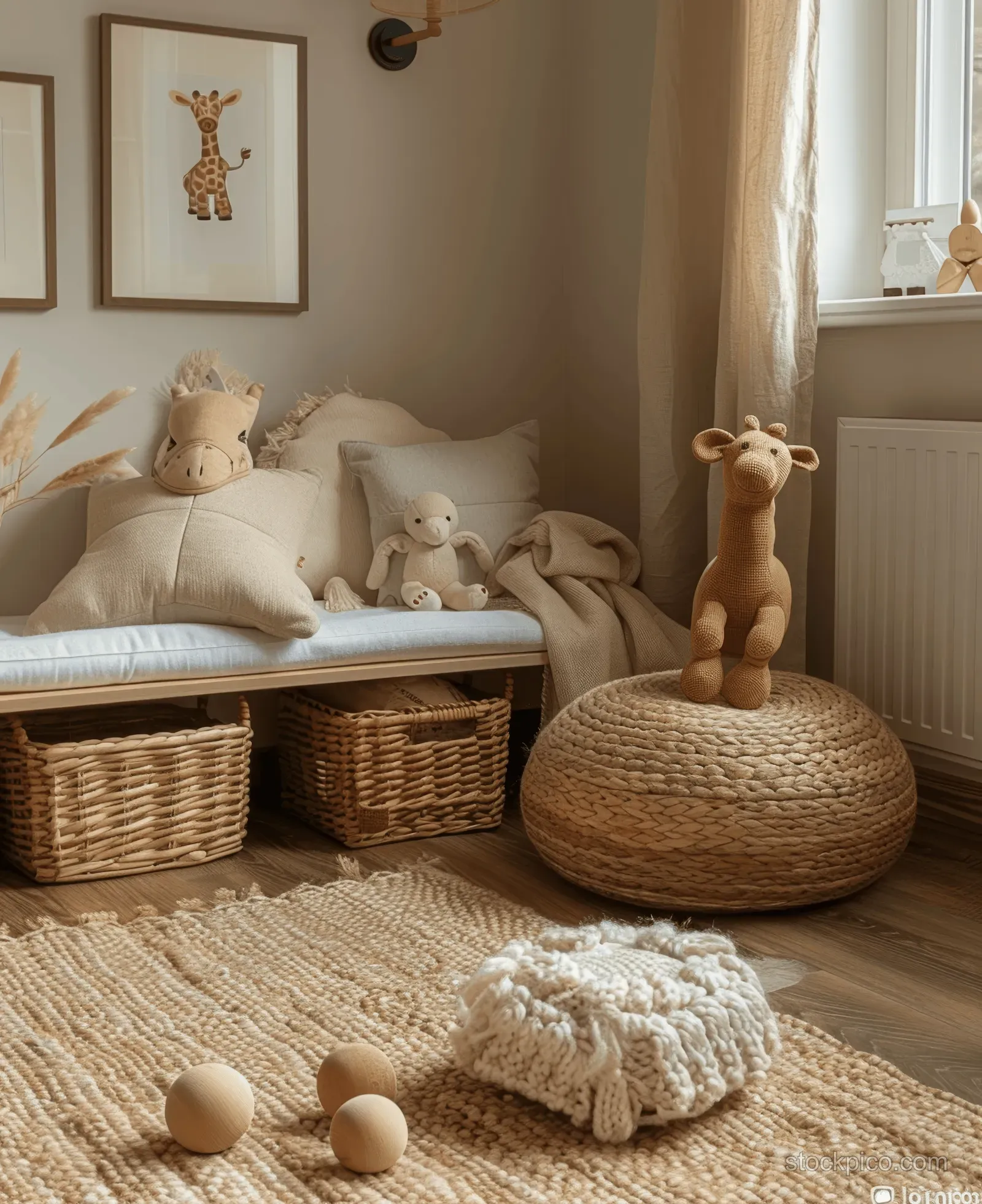 Children’s room corner with light beige walls, woven baskets, wooden toys, and soft daylight near the window.