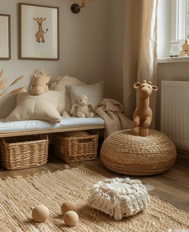 Children’s room corner with light beige walls, woven baskets, wooden toys, and soft daylight near the window.