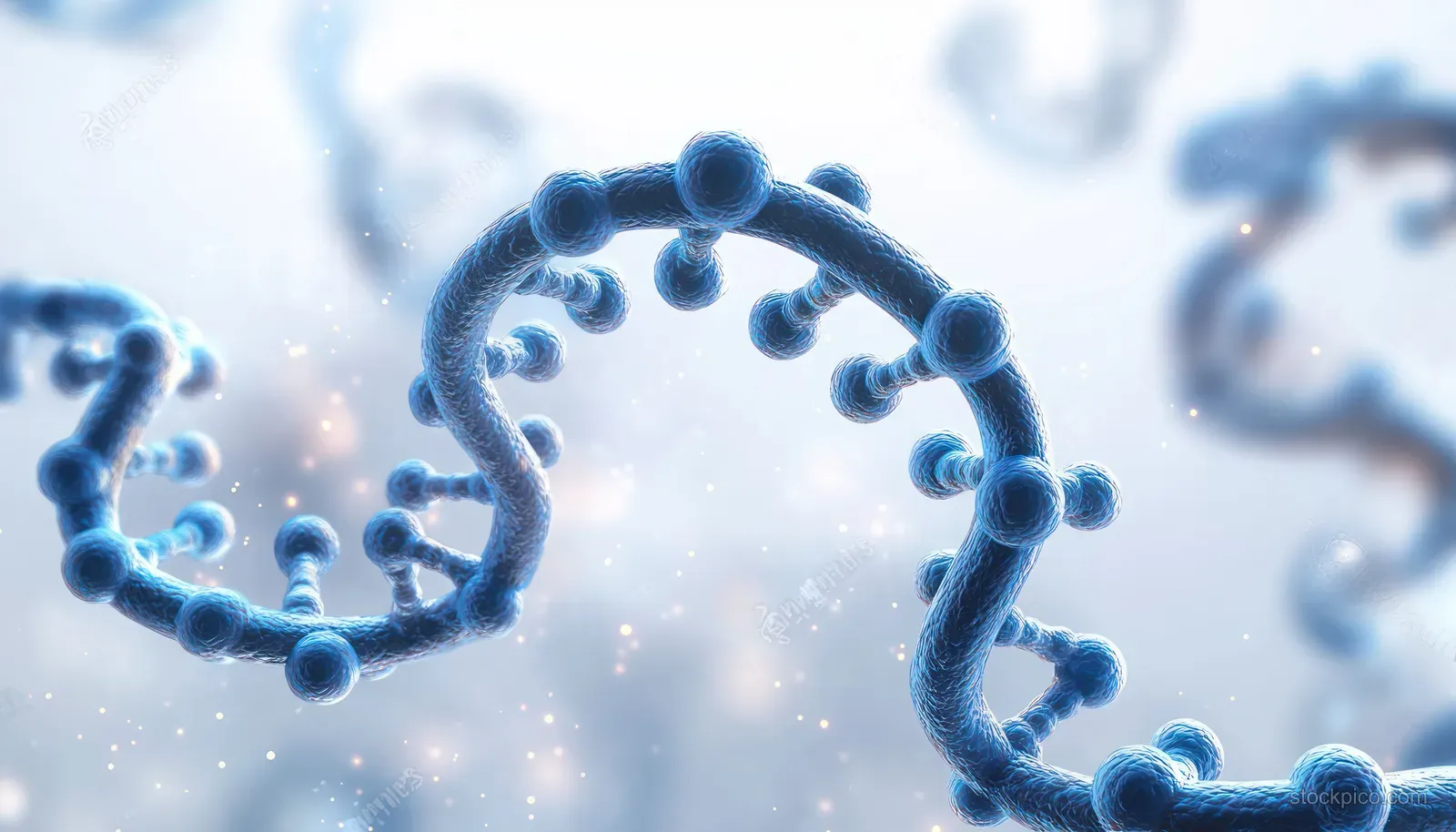 A glowing blue 3D DNA helix floats on a soft futuristic scientific background with blurred molecule shapes.