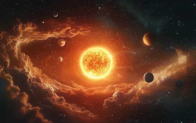 Radiant sun centered with several planets and dark nebula clouds floating across deep space.