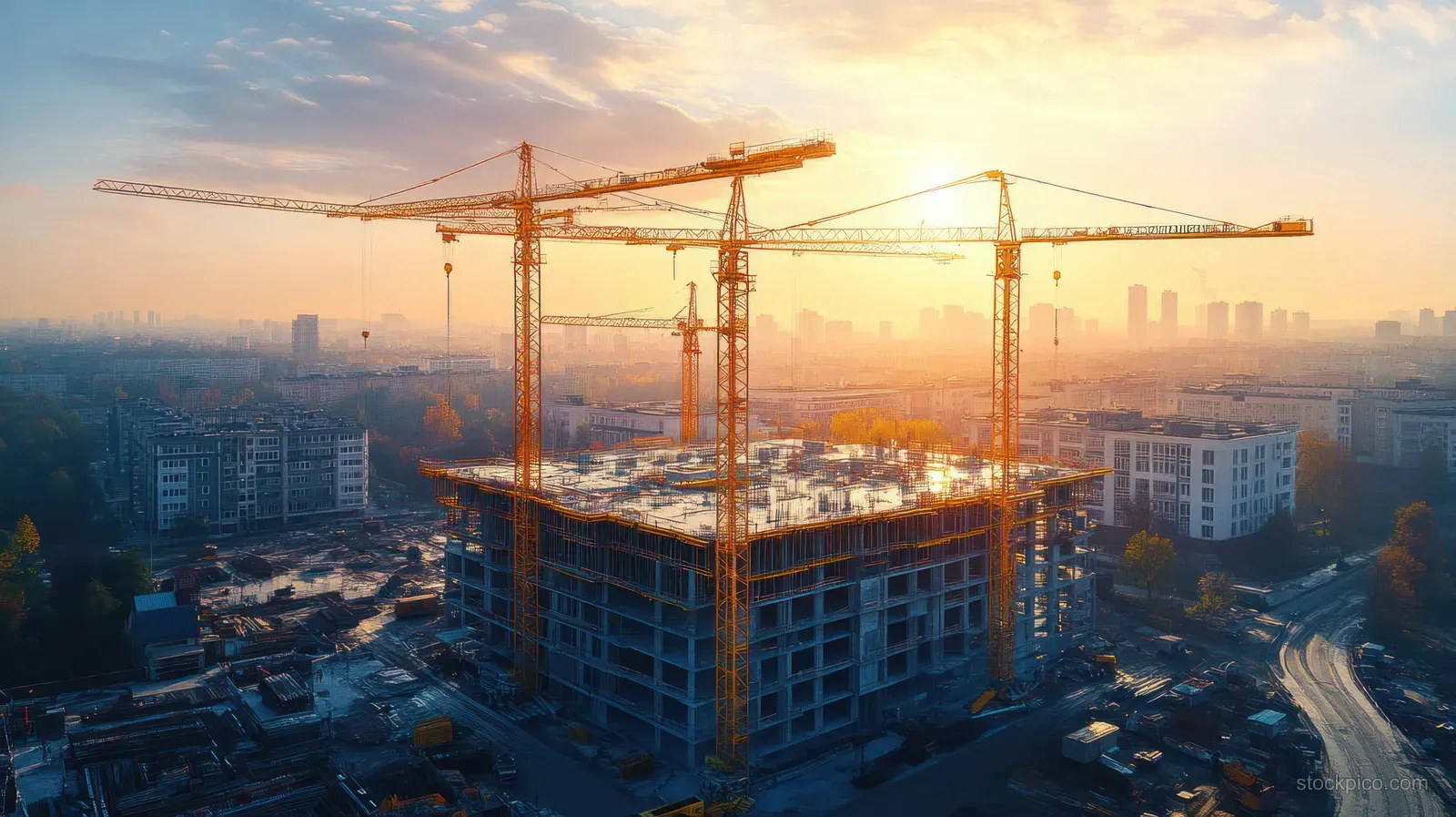 Yellow tower cranes surround a high-rise under construction at sunrise with misty buildings in the background.