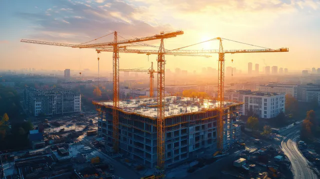 High-rise under construction with yellow tower cranes at sunrise through morning city fog