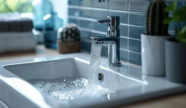 Kitchen sink with running faucet water, sunlight streaming past potted cacti on countertop