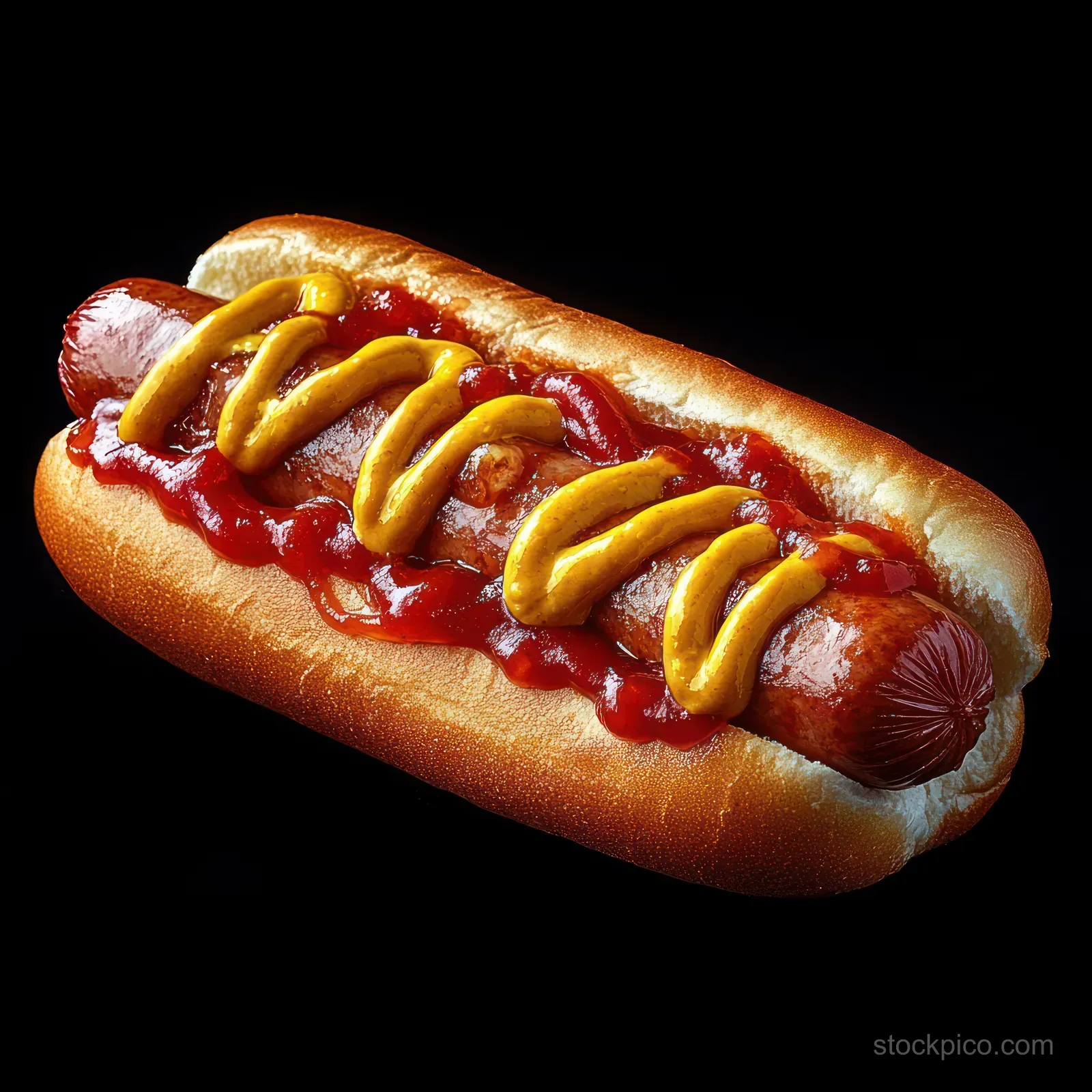 Grilled hot dog in a bun topped with mustard and ketchup on a black background.