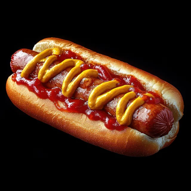 Grilled hot dog in a bun topped with mustard and ketchup on a black background.