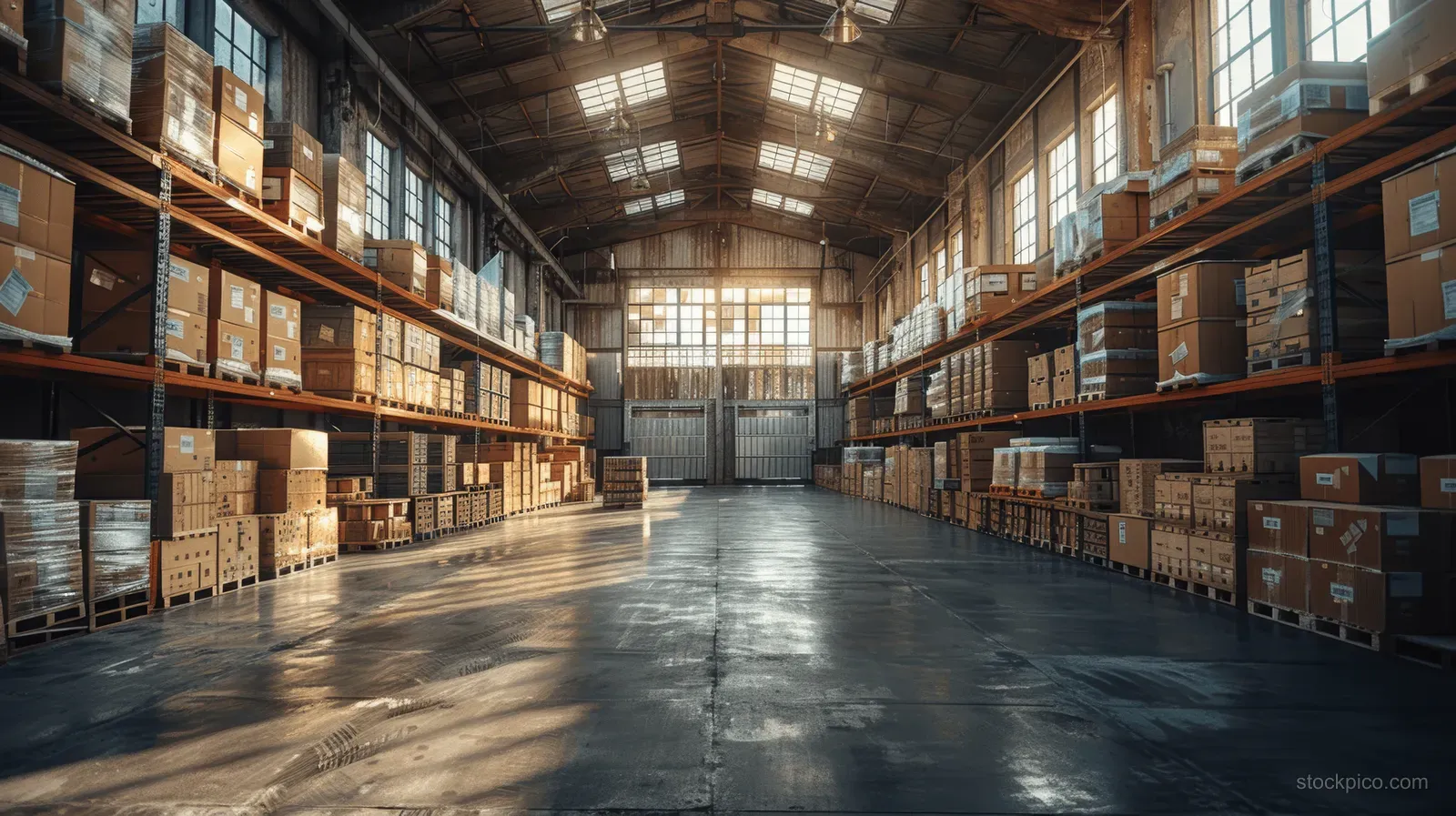 Forklift navigating a warehouse aisle between shelves stacked with cartons and pallets under skylight beams.