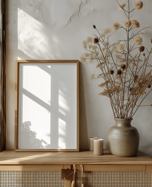 Blank poster frame on a wooden cabinet in a wabi-sabi boho interior with soft window light and a dried-flower vase.