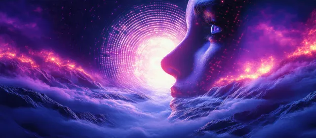 Cyberpunk AI landscape with glowing neural waves, neon sky, and silhouetted head