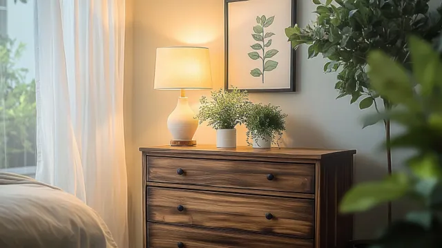 A wooden dresser with a glowing lamp and potted plants sits in a bedroom lit by sunlight through sheer curtains.