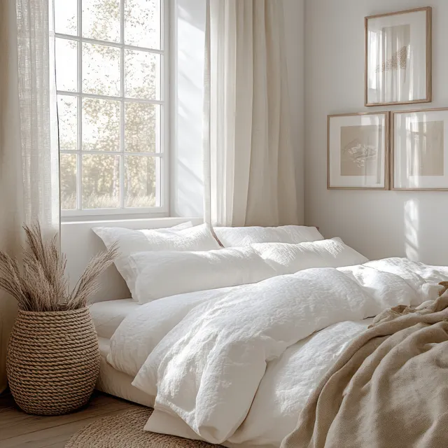 Sunlit Scandinavian bedroom showing a neatly made bed with fluffy white bedding, sheer curtains, framed prints, and a woven basket.