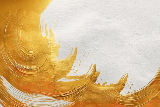 Golden Japanese Brush Strokes Sweeping Across White Paper
