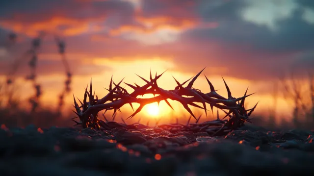 A crown of thorns rests on rocky ground with the sunset shining through sharp thorn silhouettes.