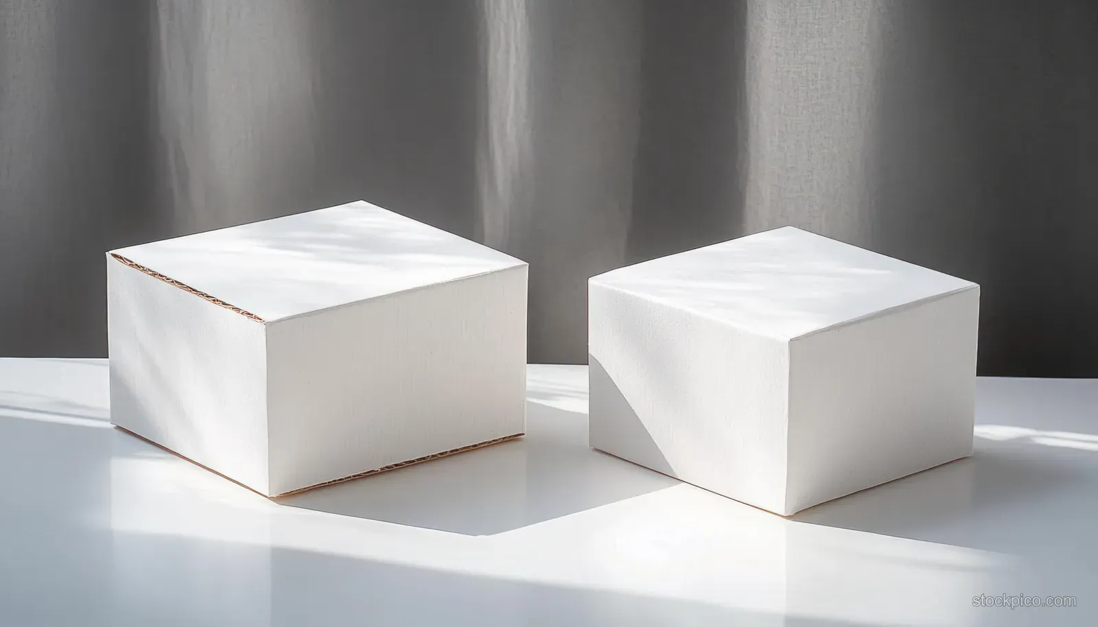 Two closed white cardboard boxes placed on a smooth surface with soft shadows and a neutral gray background.