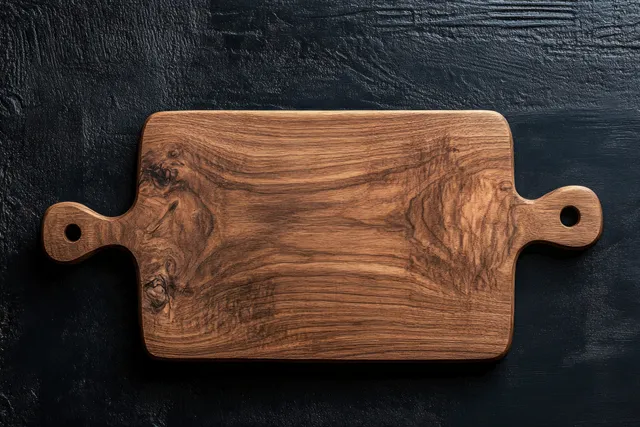 Rustic wooden cutting board on dark textured background with natural side lighting