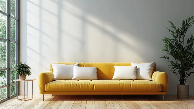Bright yellow sofa with white cushions sits in a sunlit Scandinavian living room beside potted plants and large windows.