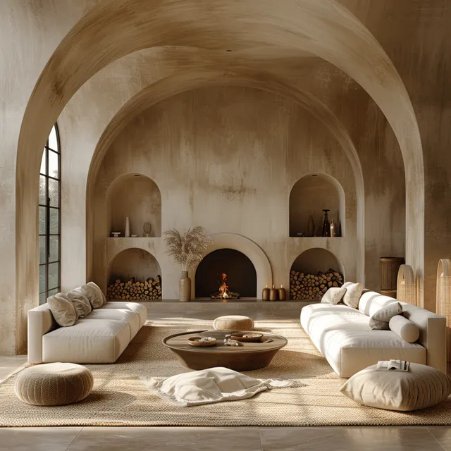 Minimalist living room with arched ceiling and warm fireplace glow beside neutral sofas and ottomans.