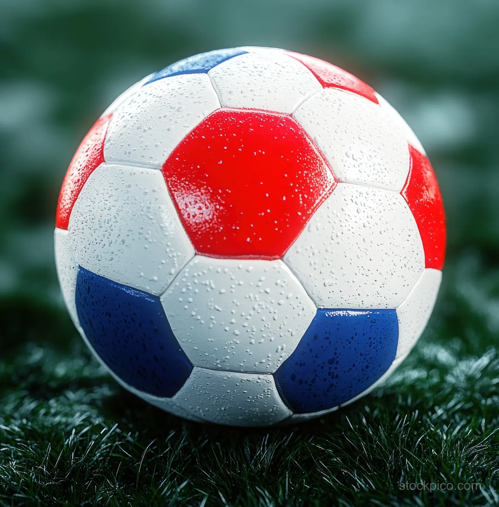 Japanese-flag colored soccer ball sits on green grass with natural light and blurred field background.