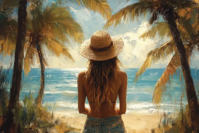 A woman in a straw hat relaxes on a tropical beach under palm trees with the ocean and sunset behind her.