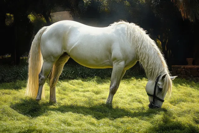 A white horse grazes on green grass in a sunlit garden with dappled shade.