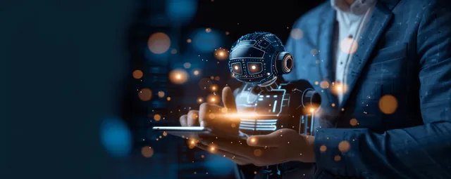 Hand holding smartphone with glowing AI chatbot interface and virtual contact icons