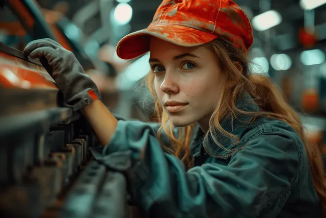 A female technician adjusts a car door panel on an automated conveyor line in an automotive factory.