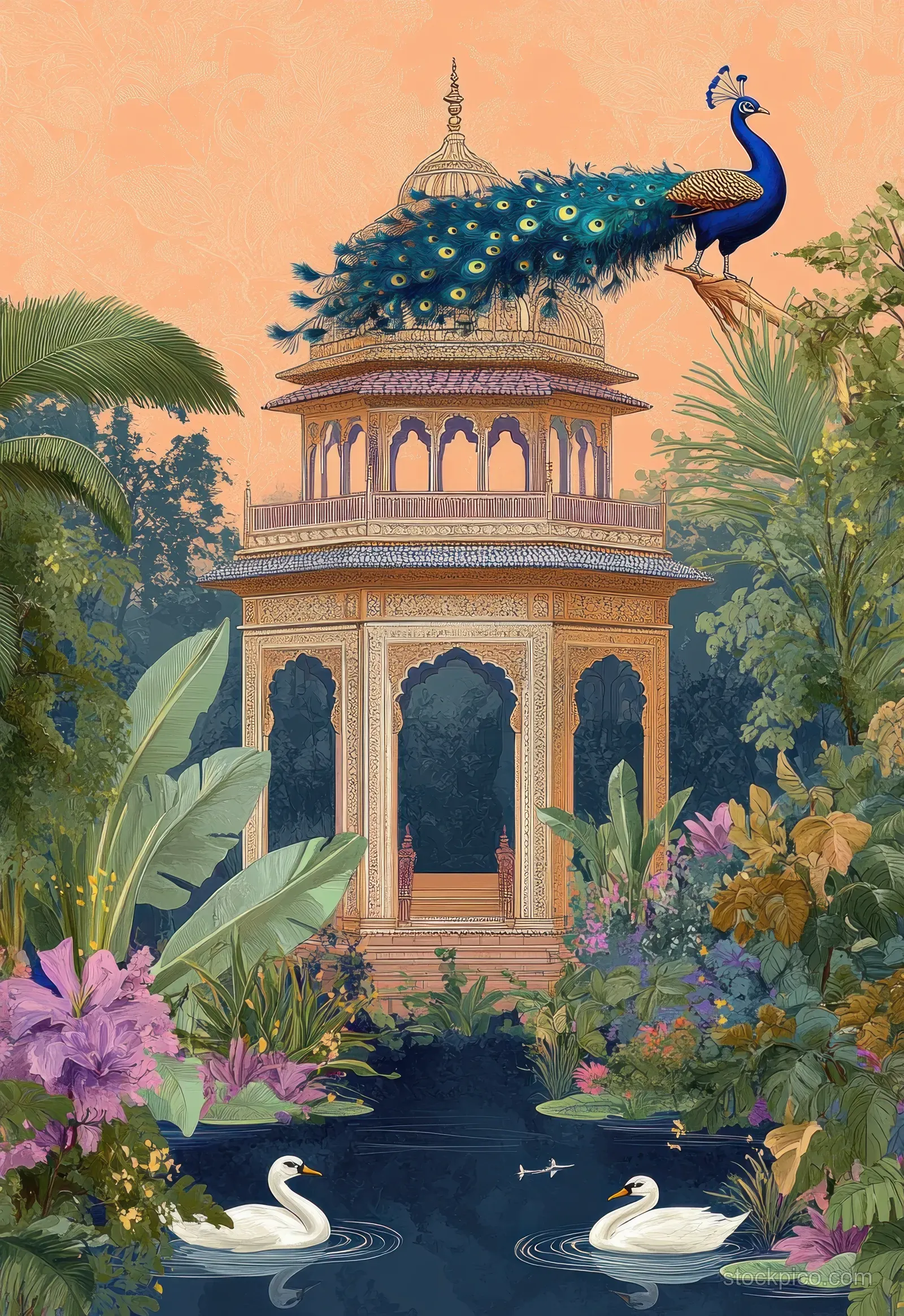An ornate pavilion stands above a lotus pond with a peacock, swans, and lush tropical plants.